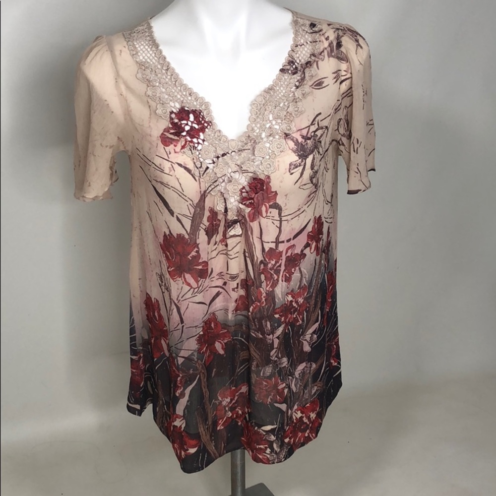 See through blouse with red and brown flowers